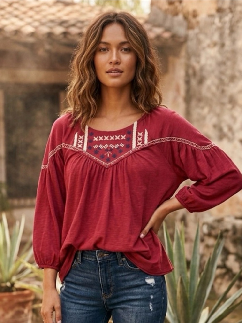 Sundance Red Embroidered Peasant Blouse